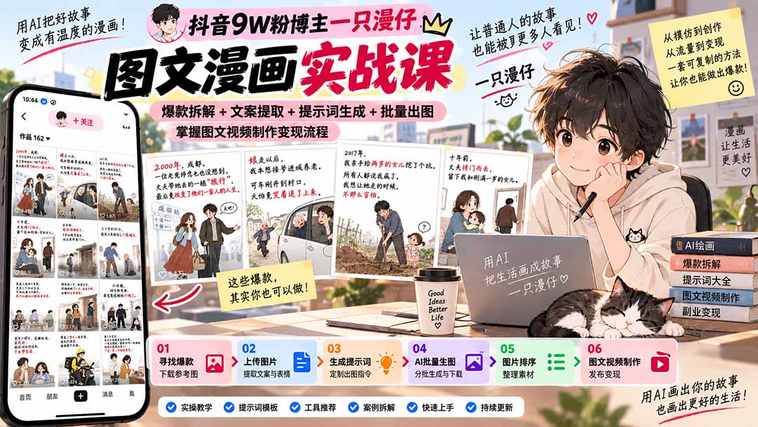 (20584期)抖音9W粉博主一只漫仔图文漫画课:爆款拆解+文案提取+提示词生成+批量出图,掌握图文视频制作变现流程-1 (20584期)抖音9W粉博主一只漫仔图文漫画课:爆款拆解+文案提取+提示词生成+批量出图,掌握图文视频制作变现流程