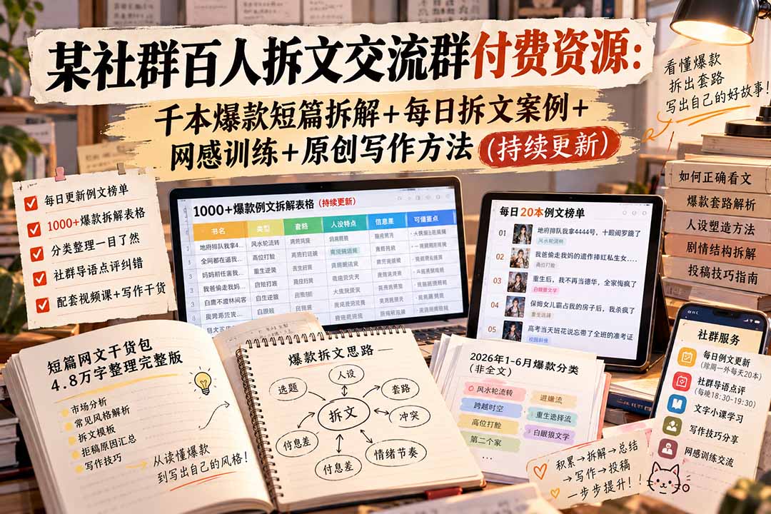 (20668期)某社群百人拆文交流群付费资源-更新0926:千本爆款短篇拆解+每日拆文案例+网感训练+原创写作方法-1 (20668期)某社群百人拆文交流群付费资源-更新0926:千本爆款短篇拆解+每日拆文案例+网感训练+原创写作方法
