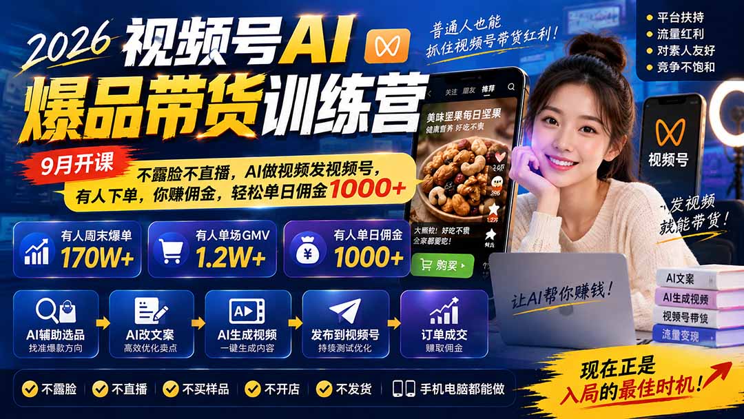 (20537期)2026视频号AI爆品带货训练营-9月开课|不露脸不直播,AI做视频发视频号,有人下单,你赚佣金,轻松单日佣金1000+-1 (20537期)2026视频号AI爆品带货训练营-9月开课|不露脸不直播,AI做视频发视频号,有人下单,你赚佣金,轻松单日佣金1000+