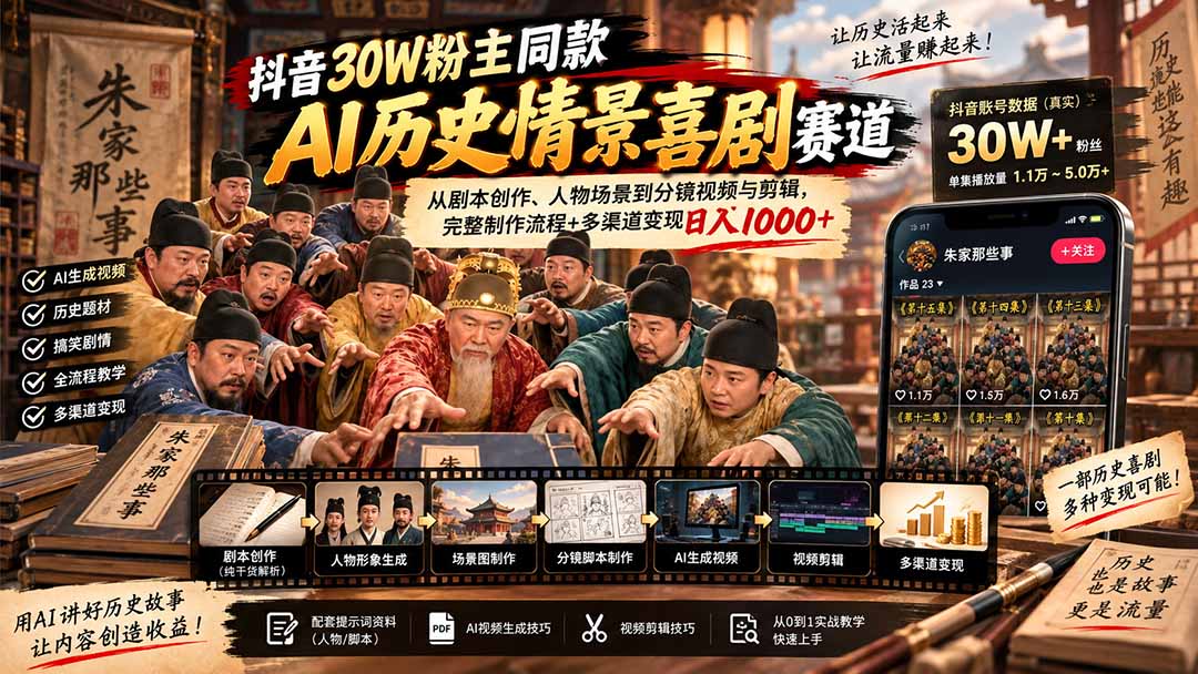(20614期)抖音30W粉博主同款AI历史情景喜剧赛道:从剧本创作、人物场景到分镜视频与剪辑,完整制作流程+多渠道变现日入1000+-1 (20614期)抖音30W粉博主同款AI历史情景喜剧赛道:从剧本创作、人物场景到分镜视频与剪辑,完整制作流程+多渠道变现日入1000+