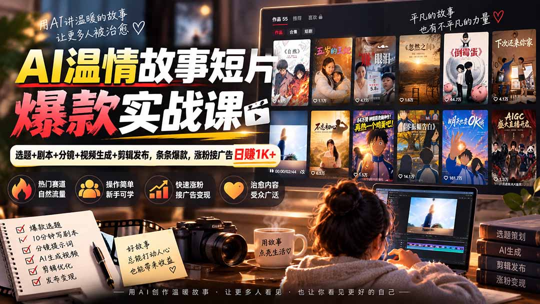 (20477期)AI温情故事短片爆款实战课-更新|选题+剧本+分镜+视频生成+剪辑发布,条条爆款,涨粉接广告日赚1K+-1 (20477期)AI温情故事短片爆款实战课-更新|选题+剧本+分镜+视频生成+剪辑发布,条条爆款,涨粉接广告日赚1K+