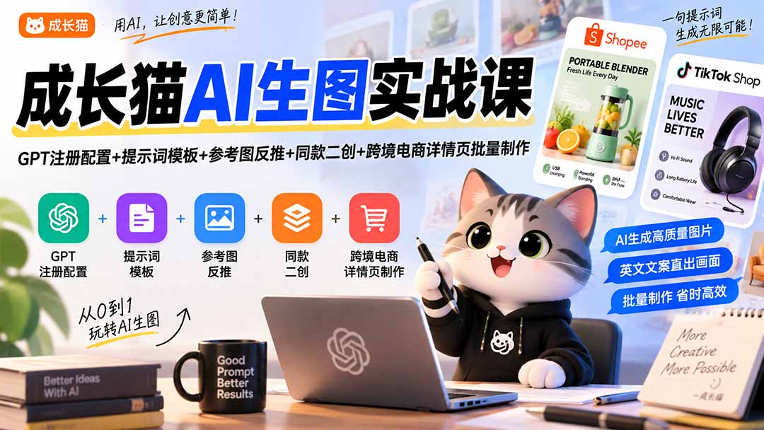 (20482期)成长猫AI生图实战课|GPT注册配置+提示词模板+参考图反推+同款二创+跨境电商详情页批量制作-1 (20482期)成长猫AI生图实战课|GPT注册配置+提示词模板+参考图反推+同款二创+跨境电商详情页批量制作