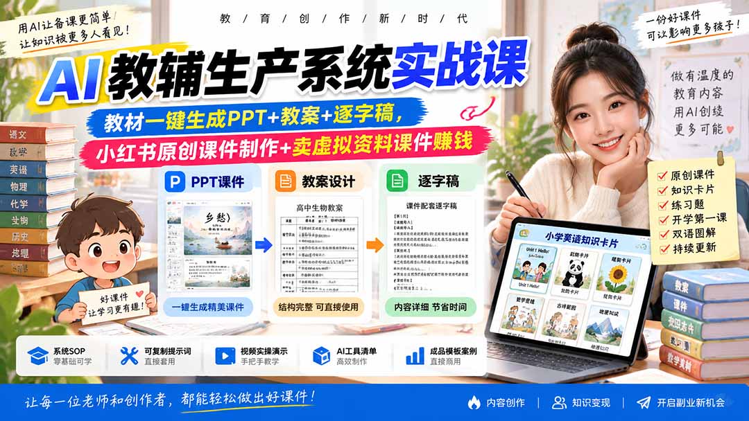 (20542期)AI教辅生产系统实战课|教材一键生成PPT+教案+逐字稿,小红书原创课件制作+卖虚拟资料课件赚钱-1 (20542期)AI教辅生产系统实战课|教材一键生成PPT+教案+逐字稿,小红书原创课件制作+卖虚拟资料课件赚钱