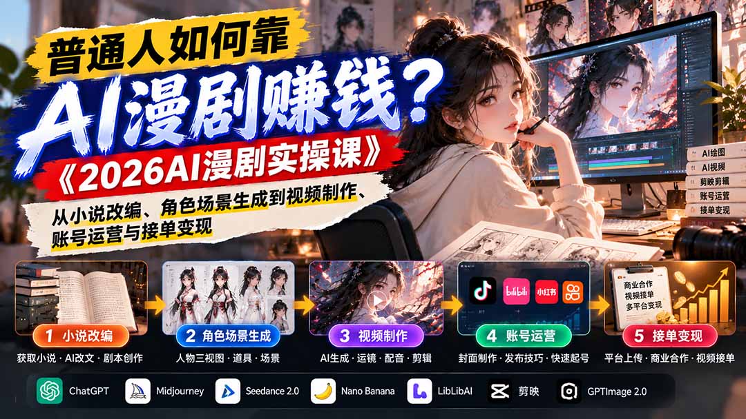 （21173期）普通人如何靠AI漫剧赚钱？《2026AI漫剧实操课》从小说改编、角色场景生成到视频制作、账号运营与接单变现缩略图百创网-源码交易平台_网站源码_商城源码_小程序源码