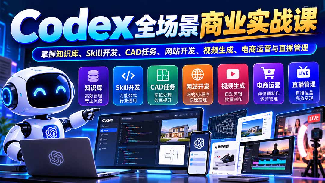 （20891期）【无水印】Codex全场景商业实战课-更新：掌握知识库、Skill开发、CAD任务、网站开发、视频生成、电商运营与直播管理缩略图百创网-源码交易平台_网站源码_商城源码_小程序源码