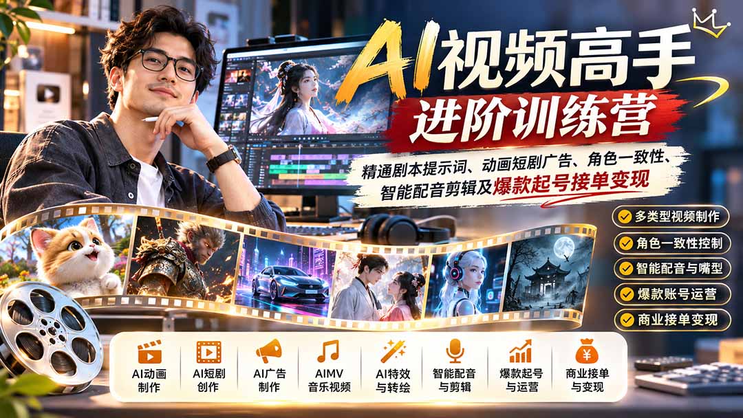 (21174期)AI视频高手进阶训练营:精通剧本提示词、动画短剧广告、角色一致性、智能配音剪辑及爆款起号接单变现插图百创网-源码交易平台_网站源码_商城源码_小程序源码 (21174期)AI视频高手进阶训练营:精通剧本提示词、动画短剧广告、角色一致性、智能配音剪辑及爆款起号接单变现