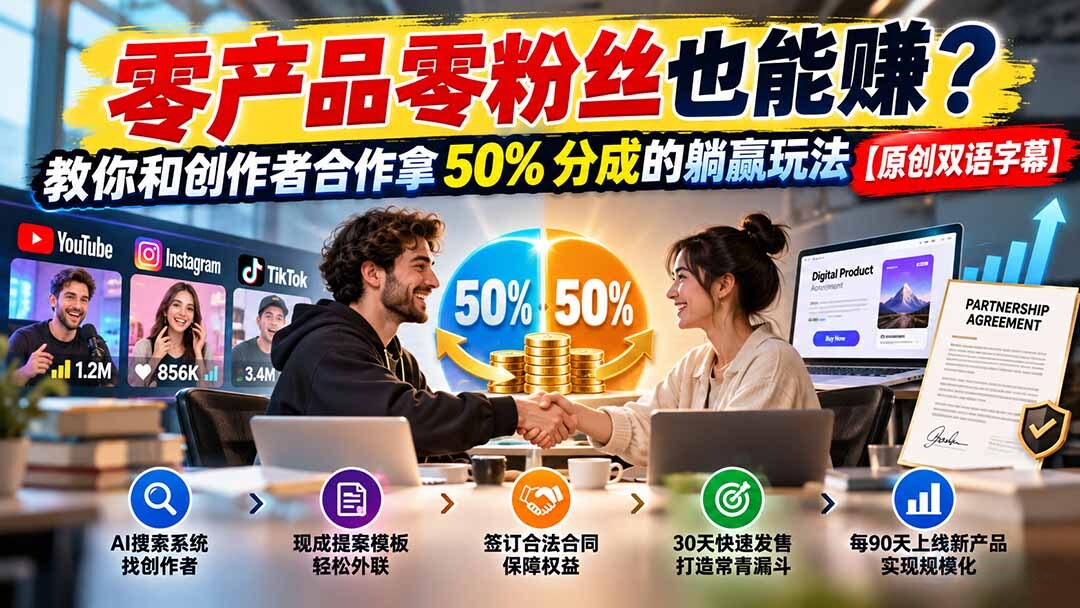 （20957期）零产品零粉丝也能赚？教你和创作者合作拿 50% 分成的躺赢玩法【原创双语字幕】缩略图百创网-源码交易平台_网站源码_商城源码_小程序源码