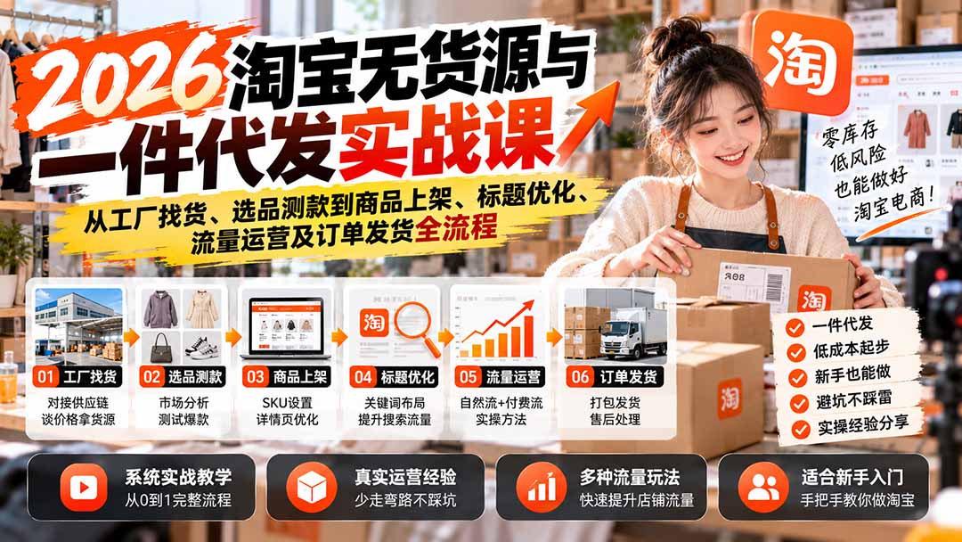 （20903期）2026淘宝无货源与一件代发实战课：从工厂找货、选品测款到商品上架、标题优化、流量运营及订单发货全流程缩略图百创网-源码交易平台_网站源码_商城源码_小程序源码