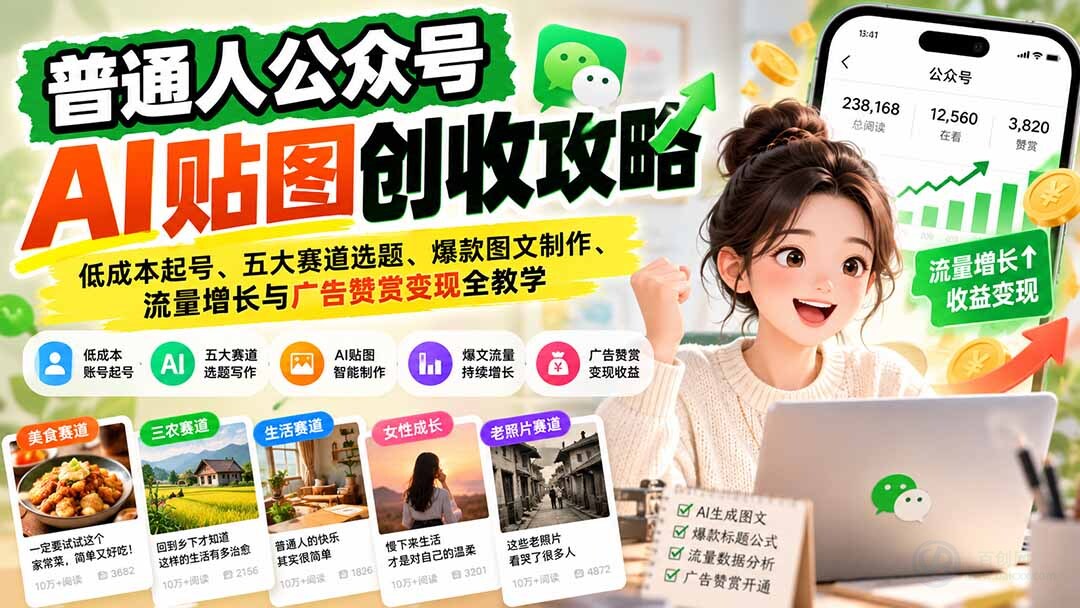 （20972期）普通人公众号AI贴图创收攻略：低成本起号、五大赛道选题、爆款图文制作、流量增长与广告赞赏变现全教学缩略图百创网-源码交易平台_网站源码_商城源码_小程序源码