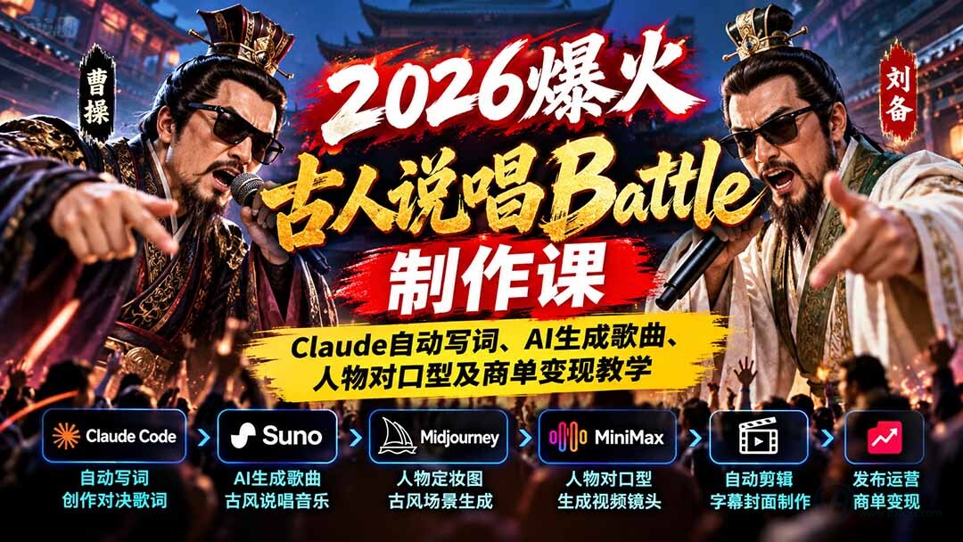 （21059期）2026爆火古人说唱Battle制作课：Claude自动写词、AI生成歌曲、人物对口型及商单变现教学缩略图百创网-源码交易平台_网站源码_商城源码_小程序源码