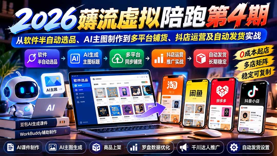 （20986期）2026薅流虚拟陪跑第4期：从软件半自动选品、AI主图制作到多平台铺货、抖店运营及自动发货实战缩略图百创网-源码交易平台_网站源码_商城源码_小程序源码