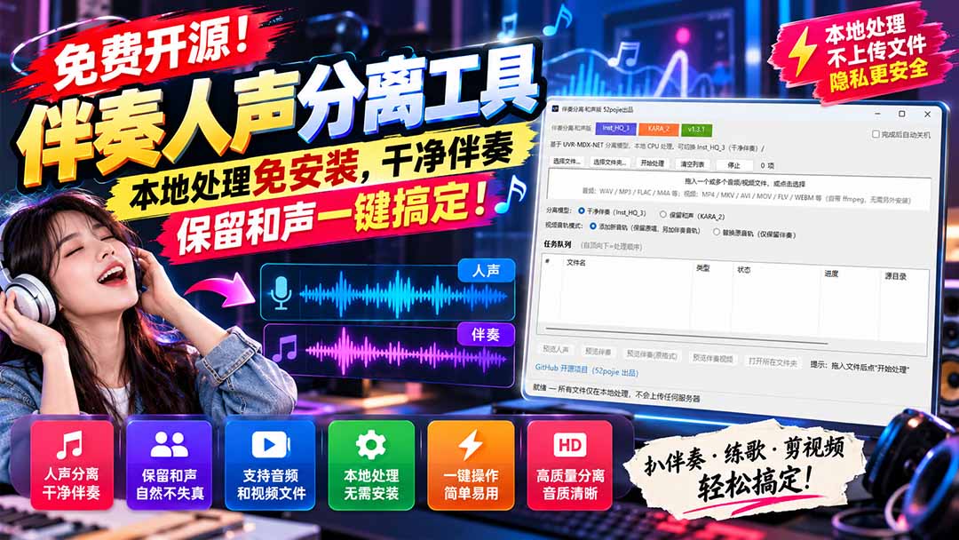 (21198期)免费开源!伴奏人声分离工具,本地处理免安装,干净伴奏,保留和声一键搞定!插图百创网-源码交易平台_网站源码_商城源码_小程序源码 (21198期)免费开源!伴奏人声分离工具,本地处理免安装,干净伴奏,保留和声一键搞定!