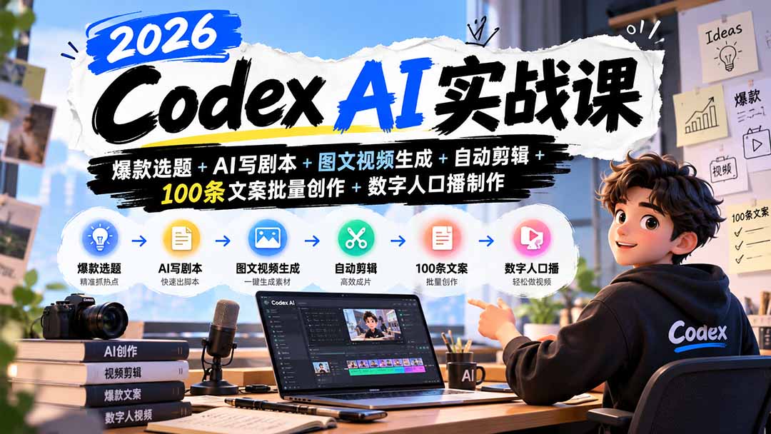 （20899期）2026Codex AI实战课：爆款选题+AI写剧本+图文视频生成+自动剪辑+100条文案批量创作+数字人口播制作缩略图百创网-源码交易平台_网站源码_商城源码_小程序源码