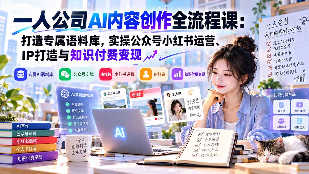 （20866期）一人公司AI内容创作全流程课：打造专属语料库，实操公众号小红书运营、IP打造与知识付费变现方法论缩略图百创网-源码交易平台_网站源码_商城源码_小程序源码