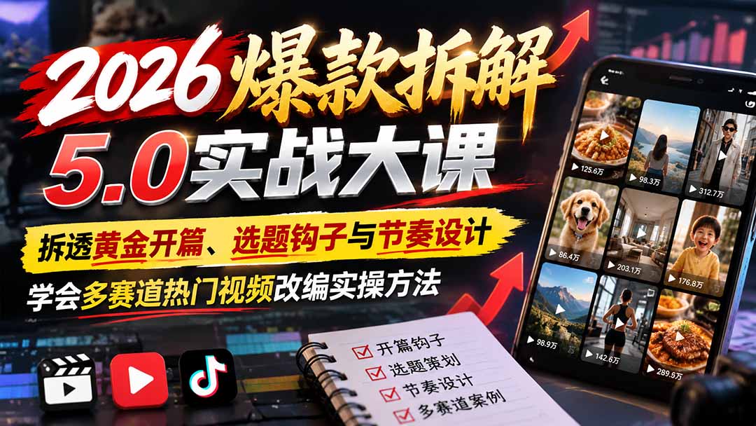 （21110期）2026爆款拆解5.0实战大课：拆透黄金开篇、选题钩子与节奏设计，学会多赛道热门视频改编实操方法缩略图百创网-源码交易平台_网站源码_商城源码_小程序源码