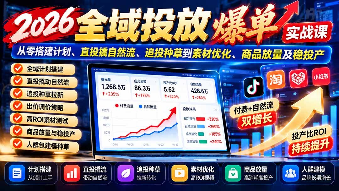 （20989期）2026全域投放爆单实战课：从零搭建计划、直投撬自然流、追投种草到素材优化、商品放量及稳投产缩略图百创网-源码交易平台_网站源码_商城源码_小程序源码