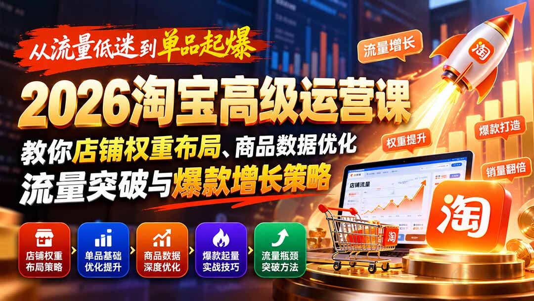(20952期)从流量低迷到单品起爆:2026淘宝高级运营课教你店铺权重布局、商品数据优化、流量突破与爆款增长策略插图百创网-源码交易平台_网站源码_商城源码_小程序源码 (20952期)从流量低迷到单品起爆:2026淘宝高级运营课教你店铺权重布局、商品数据优化、流量突破与爆款增长策略