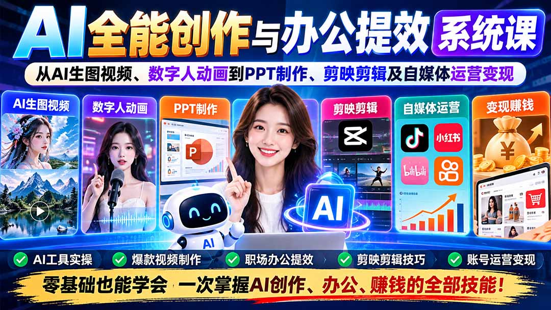 （20885期）AI全能创作与办公提效系统课：从AI生图视频、数字人动画到PPT制作、剪映剪辑及自媒体运营变现缩略图百创网-源码交易平台_网站源码_商城源码_小程序源码
