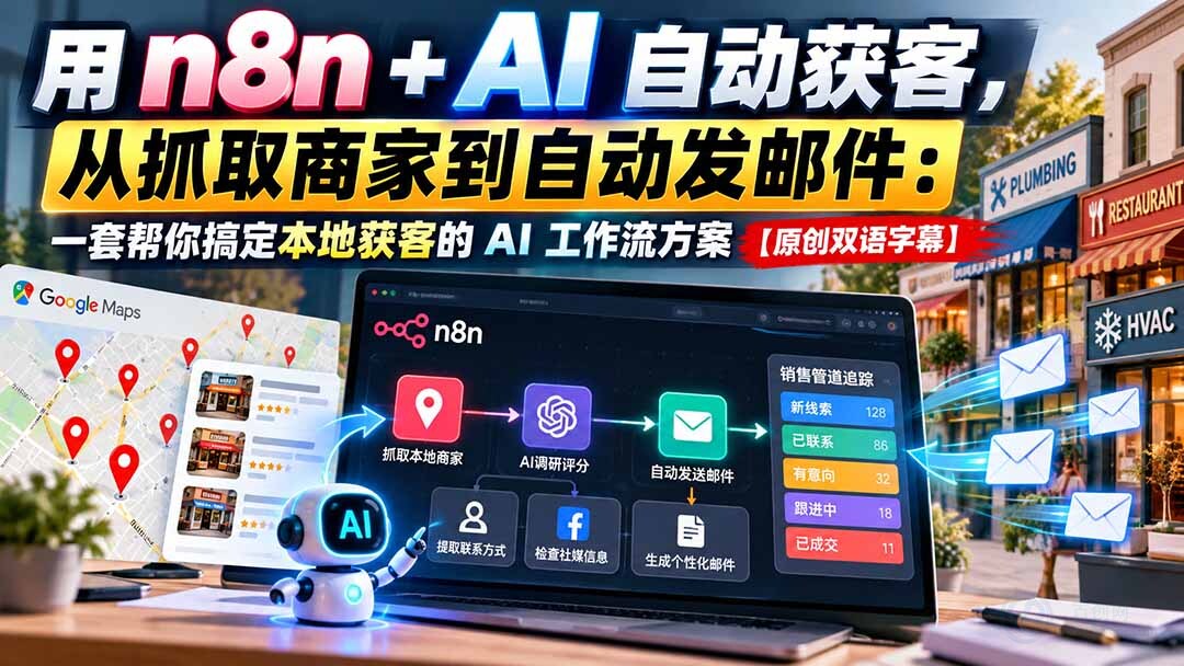 （21076期）【无水印】用n8n + AI自动获客，从抓取商家到自动发邮件：一套帮你搞定本地获客的AI工作流方案【原创双语字幕】缩略图百创网-源码交易平台_网站源码_商城源码_小程序源码