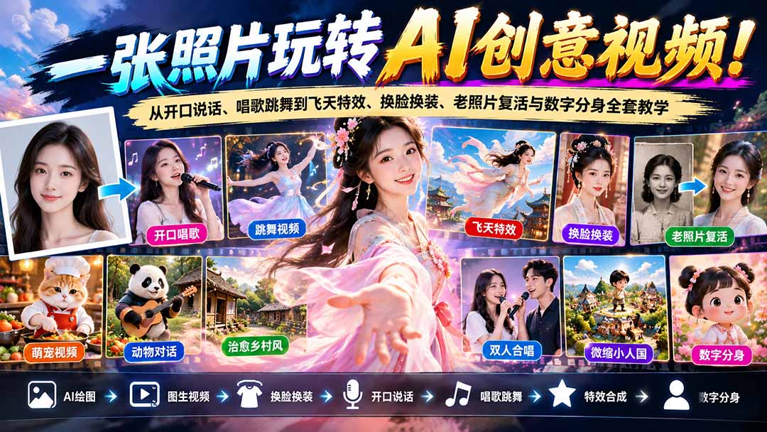 (21202期)一张照片玩转AI创意视频!从开口说话、唱歌跳舞到飞天特效、换脸换装、老照片复活与数字分身全套教学插图百创网-源码交易平台_网站源码_商城源码_小程序源码 (21202期)一张照片玩转AI创意视频!从开口说话、唱歌跳舞到飞天特效、换脸换装、老照片复活与数字分身全套教学