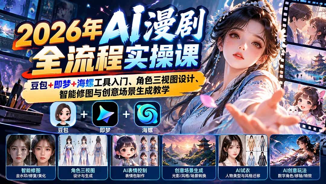 （21077期）2026年AI漫剧全流程实操课：豆包+即梦+海螺工具入门、角色三视图设计、智能修图与创意场景生成教学缩略图百创网-源码交易平台_网站源码_商城源码_小程序源码