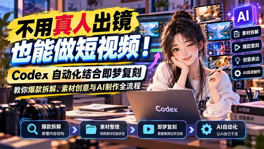 （20988期）不用真人出镜也能做短视频！Codex自动化结合即梦复刻，教你爆款拆解、素材创意与AI制作全流程缩略图百创网-源码交易平台_网站源码_商城源码_小程序源码