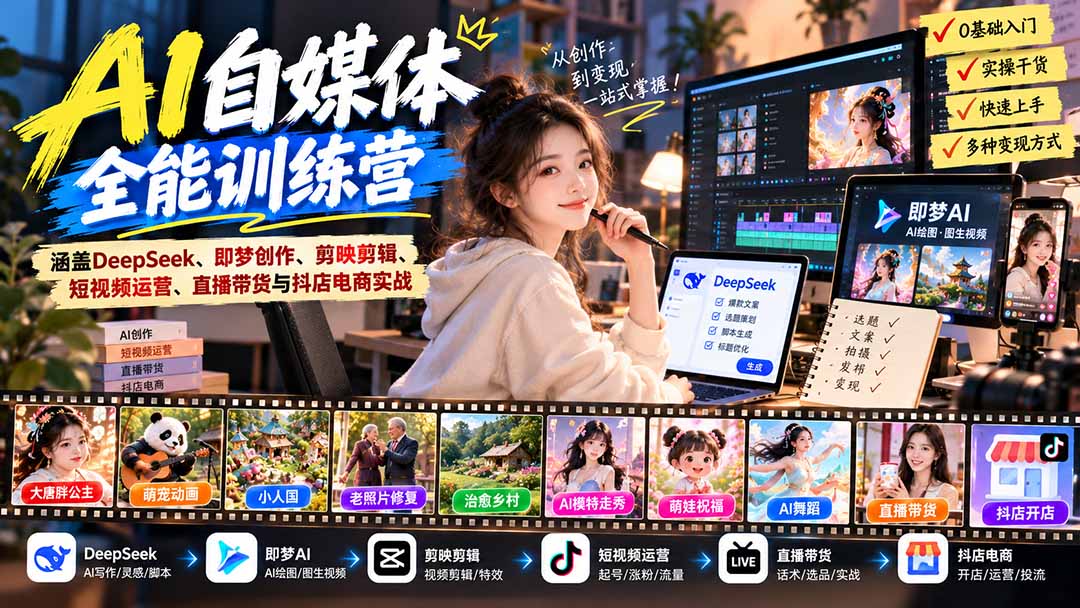 (21201期)【无水印】AI+自媒体全能训练营:涵盖DeepSeek、即梦创作、剪映剪辑、短视频运营、直播带货与抖店电商实战插图百创网-源码交易平台_网站源码_商城源码_小程序源码 (21201期)【无水印】AI+自媒体全能训练营:涵盖DeepSeek、即梦创作、剪映剪辑、短视频运营、直播带货与抖店电商实战