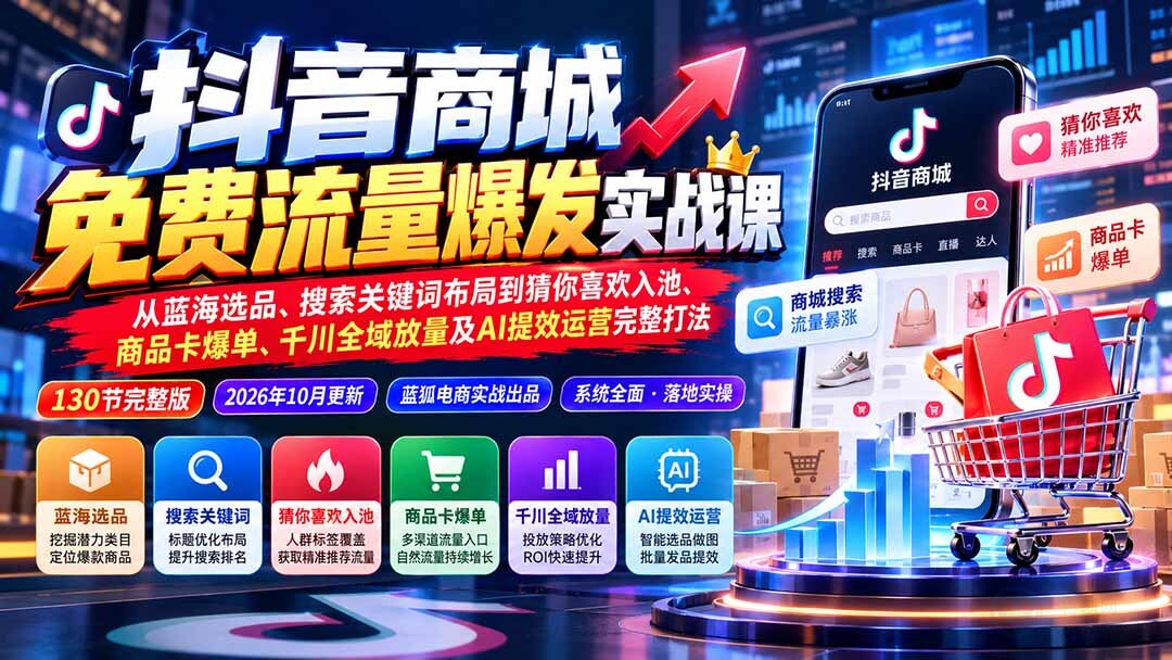 （20959期）抖音商城免费流量爆发实战：从蓝海选品、搜索关键词布局到猜你喜欢入池、商品卡爆单、千川全域放量及AI提效完整打法缩略图百创网-源码交易平台_网站源码_商城源码_小程序源码