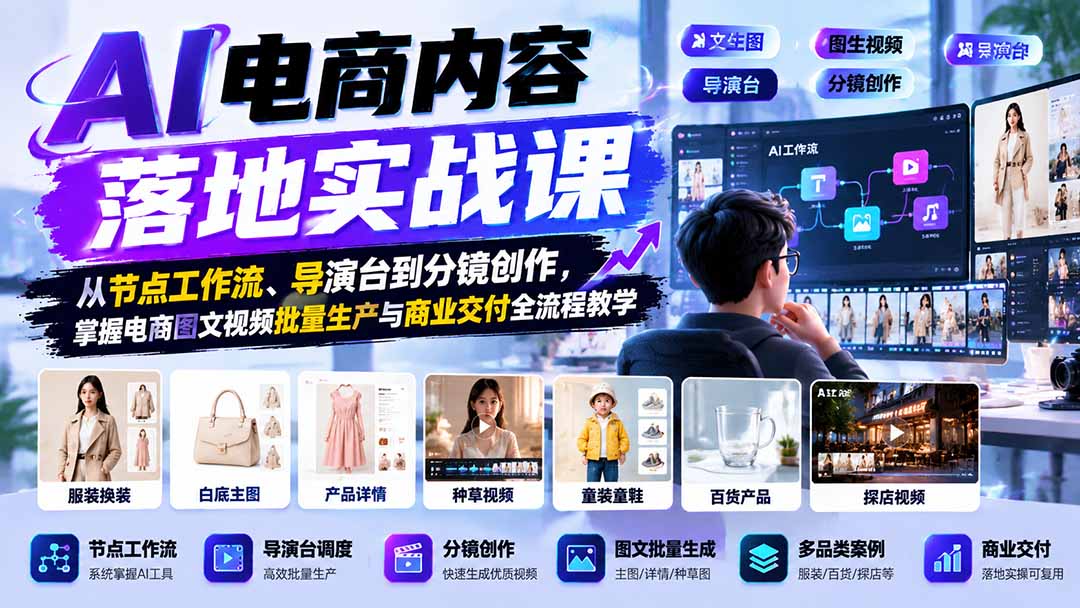 （21136期）AI电商内容落地实战课：从节点工作流、导演台到分镜创作，掌握电商图文视频批量生产与商业交付全流程教学缩略图百创网-源码交易平台_网站源码_商城源码_小程序源码