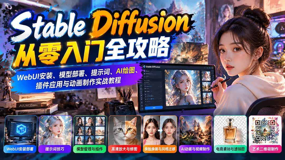 （21062期）Stable Diffusion从零入门全攻略：WebUI安装、模型部署、提示词、AI绘图、插件应用与动画制作实战教程缩略图百创网-源码交易平台_网站源码_商城源码_小程序源码