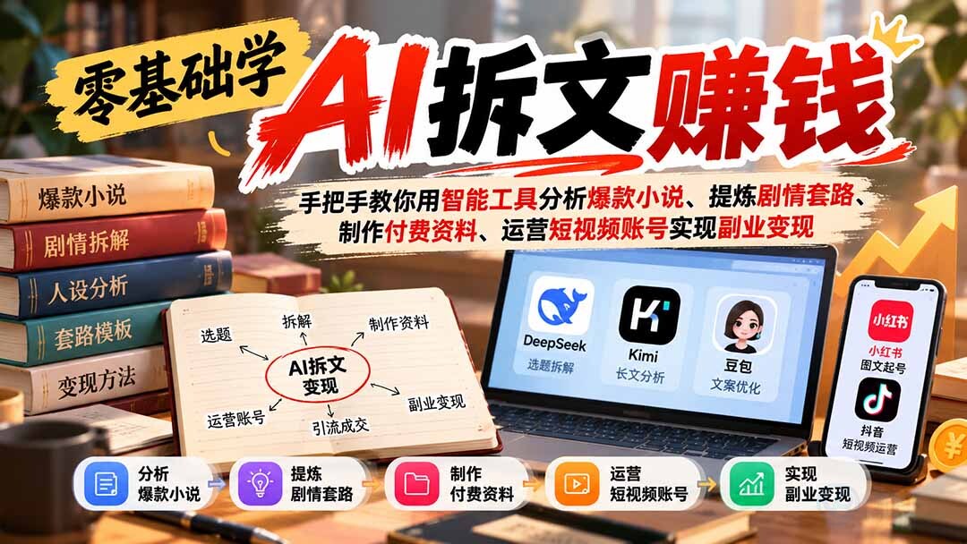 （21030期）零基础学AI拆文赚钱：手把手教你用智能工具分析爆款小说、提炼剧情套路、制作付费资料、运营短视频账号实现副业变现缩略图百创网-源码交易平台_网站源码_商城源码_小程序源码