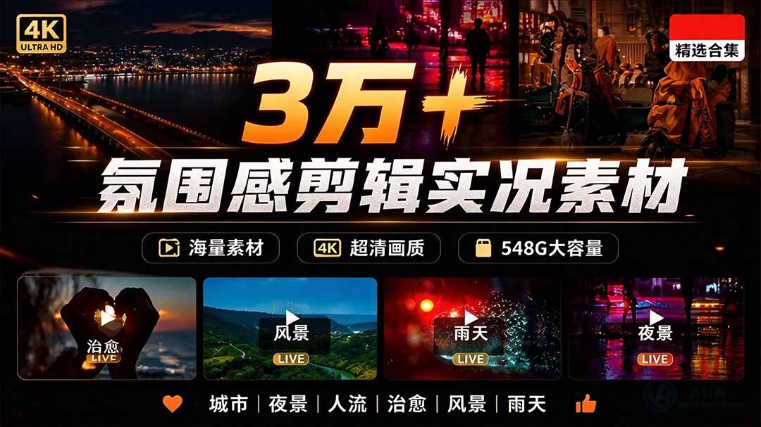 （21009期）氛围感3万+海量高清剪辑实况素材，含雨天、雪天、夜景、街道等经典场景，伤感唯美励志短视频无水印素材缩略图百创网-源码交易平台_网站源码_商城源码_小程序源码