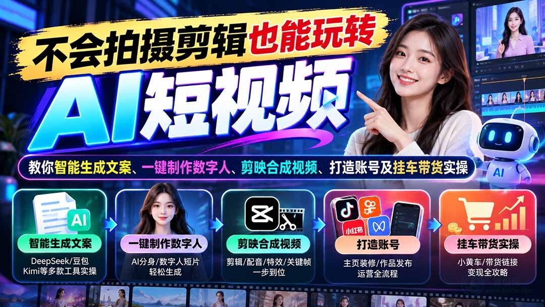 （21100期）不会拍摄剪辑也能玩转AI短视频：教你智能生成文案、一键制作数字人、剪映合成视频、打造账号及挂车带货实操缩略图百创网-源码交易平台_网站源码_商城源码_小程序源码