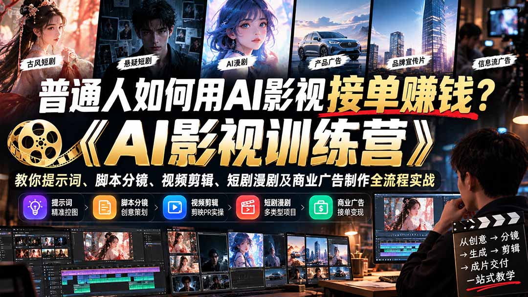 （21230期）普通人如何用AI影视接单赚钱？《AI影视训练营》教你提示词、脚本分镜、视频剪辑、短剧漫剧及商业广告制作全流程实战缩略图百创网-源码交易平台_网站源码_商城源码_小程序源码
