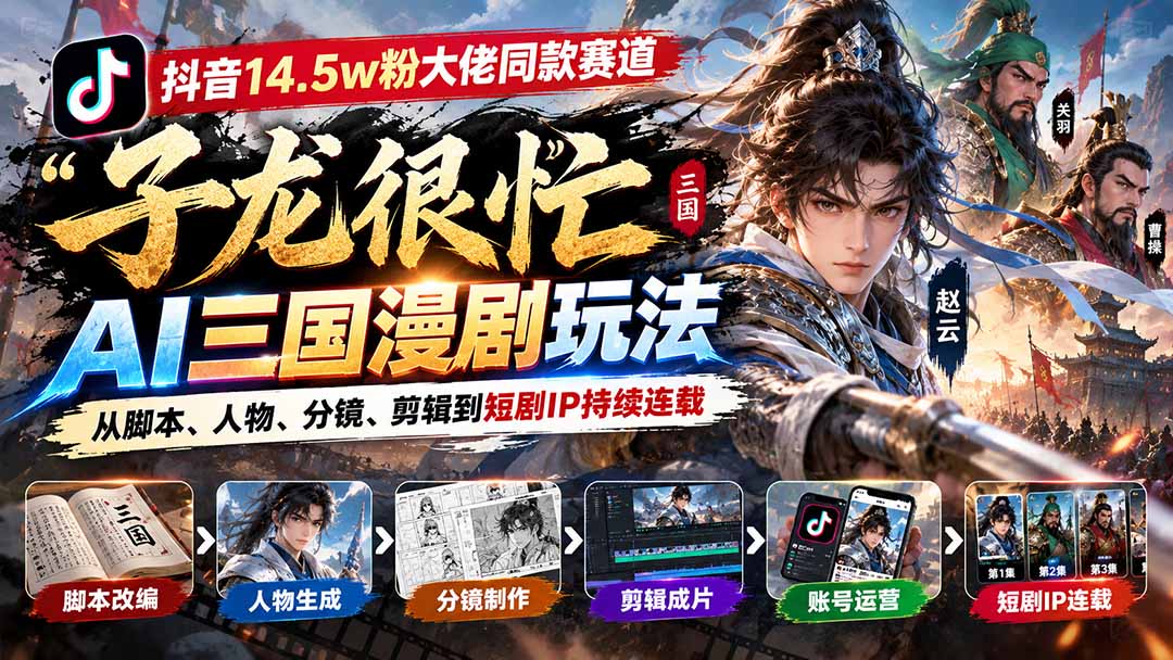 (20818期)抖音14.5w粉大佬同款赛道「子龙很忙」AI三国漫剧玩法:从脚本、人物、分镜、剪辑到短剧IP持续连载-1 (20818期)抖音14.5w粉大佬同款赛道「子龙很忙」AI三国漫剧玩法:从脚本、人物、分镜、剪辑到短剧IP持续连载