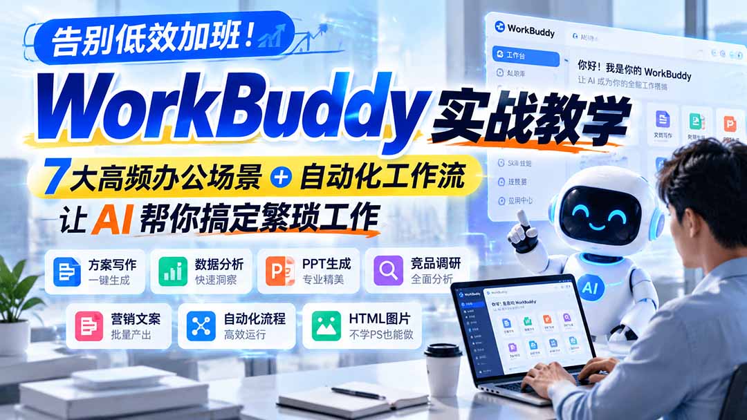 （21115期）告别低效加班！WorkBuddy实战教学，7大高频办公场景＋自动化工作流，让AI帮你搞定繁琐工作缩略图百创网-源码交易平台_网站源码_商城源码_小程序源码