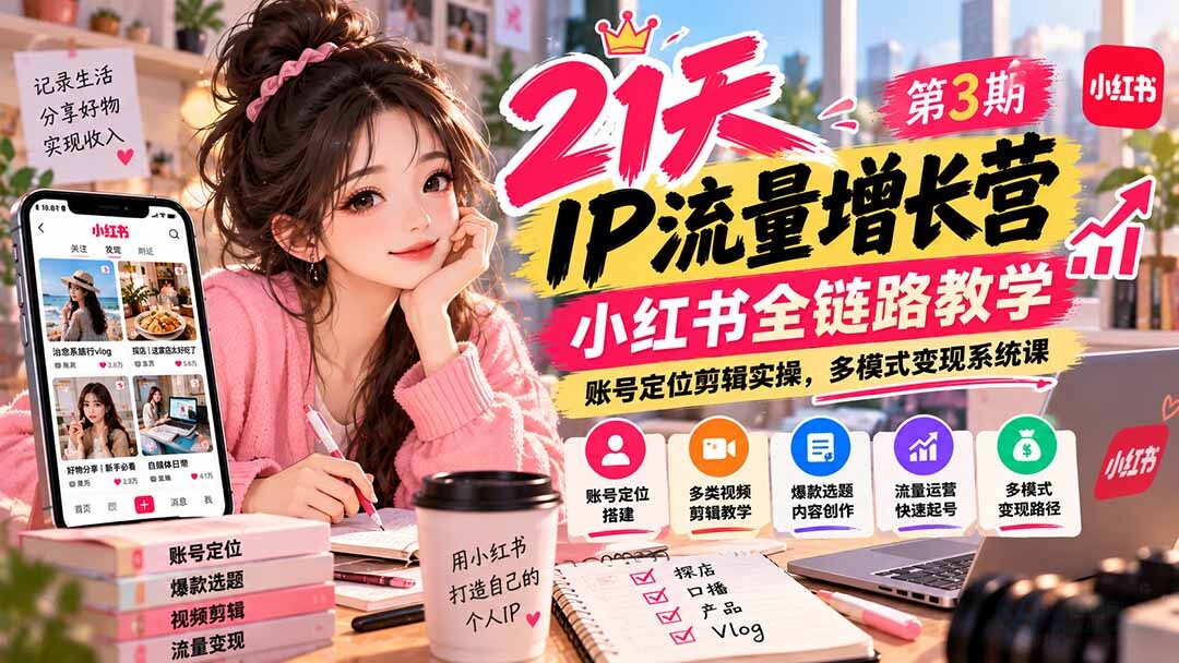 （20992期）【无水印】21天IP流量增长营-第3期，小红书全链路教学，账号定位剪辑实操，多模式变现系统课缩略图百创网-源码交易平台_网站源码_商城源码_小程序源码