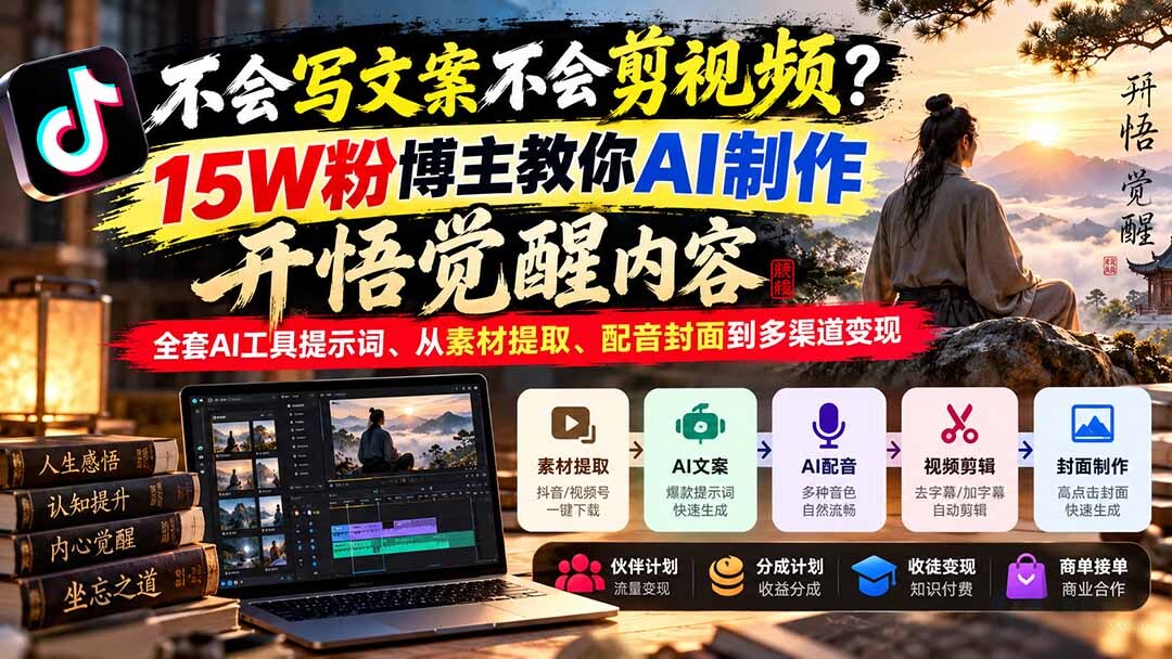 (21085期)不会写文案不会剪视频?15W粉博主教你AI制作开悟觉醒内容,全套AI工具提示词、从素材提取、配音封面到多渠道变现插图百创网-源码交易平台_网站源码_商城源码_小程序源码 (21085期)不会写文案不会剪视频?15W粉博主教你AI制作开悟觉醒内容,全套AI工具提示词、从素材提取、配音封面到多渠道变现