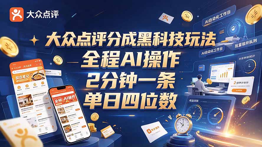 （21013期）大众点评分成全网独家玩法，AI 全自动出内容，2 分钟一条，小白可冲单日四位数缩略图百创网-源码交易平台_网站源码_商城源码_小程序源码