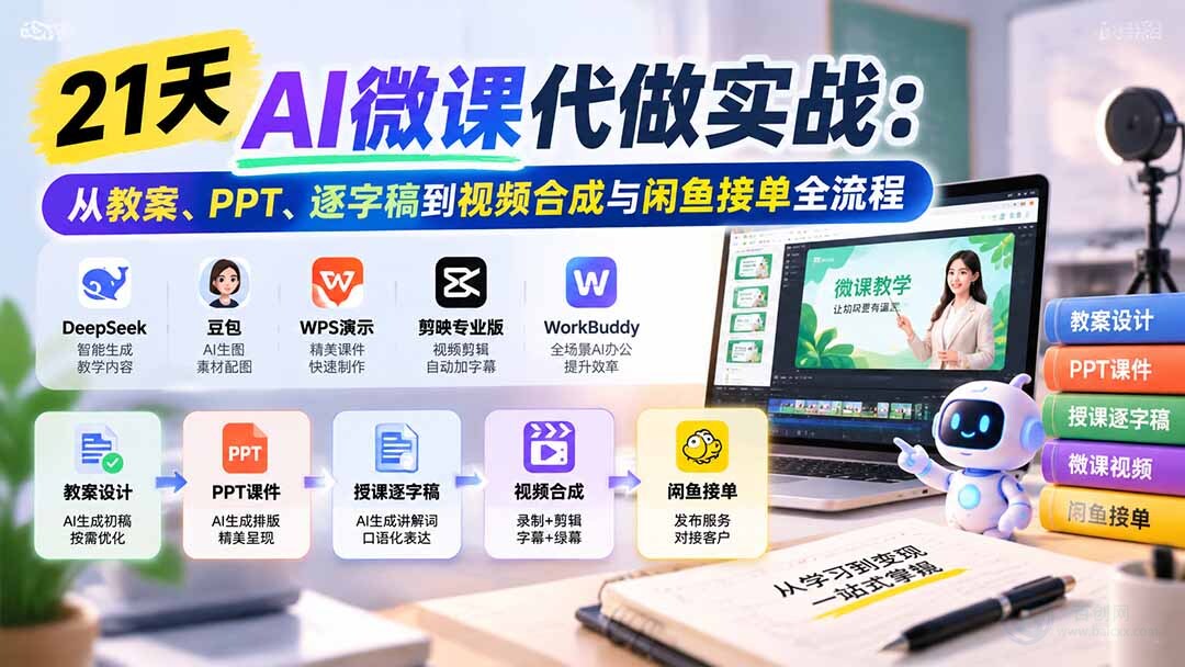 （21065期）21天AI微课代做实战：从教案、PPT、逐字稿到视频合成与闲鱼接单全流程缩略图百创网-源码交易平台_网站源码_商城源码_小程序源码