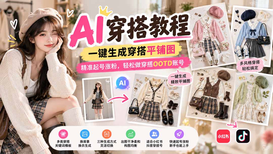 （21134期）【无水印】AI穿搭教程｜一键生成穿搭平铺图，精准起号涨粉，轻松做穿搭OOTD账号缩略图百创网-源码交易平台_网站源码_商城源码_小程序源码