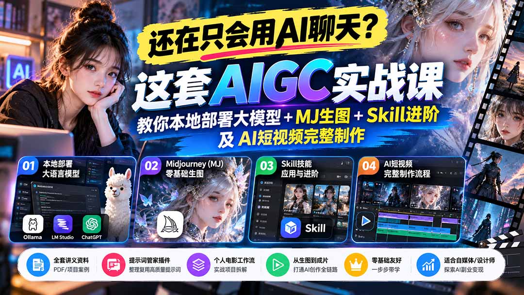 (21135期)【无水印】还在只会用AI聊天?这套AIGC实战课教你本地部署大模型+MJ生图+Skill进阶及AI短视频完整制作插图百创网-源码交易平台_网站源码_商城源码_小程序源码 (21135期)【无水印】还在只会用AI聊天?这套AIGC实战课教你本地部署大模型+MJ生图+Skill进阶及AI短视频完整制作