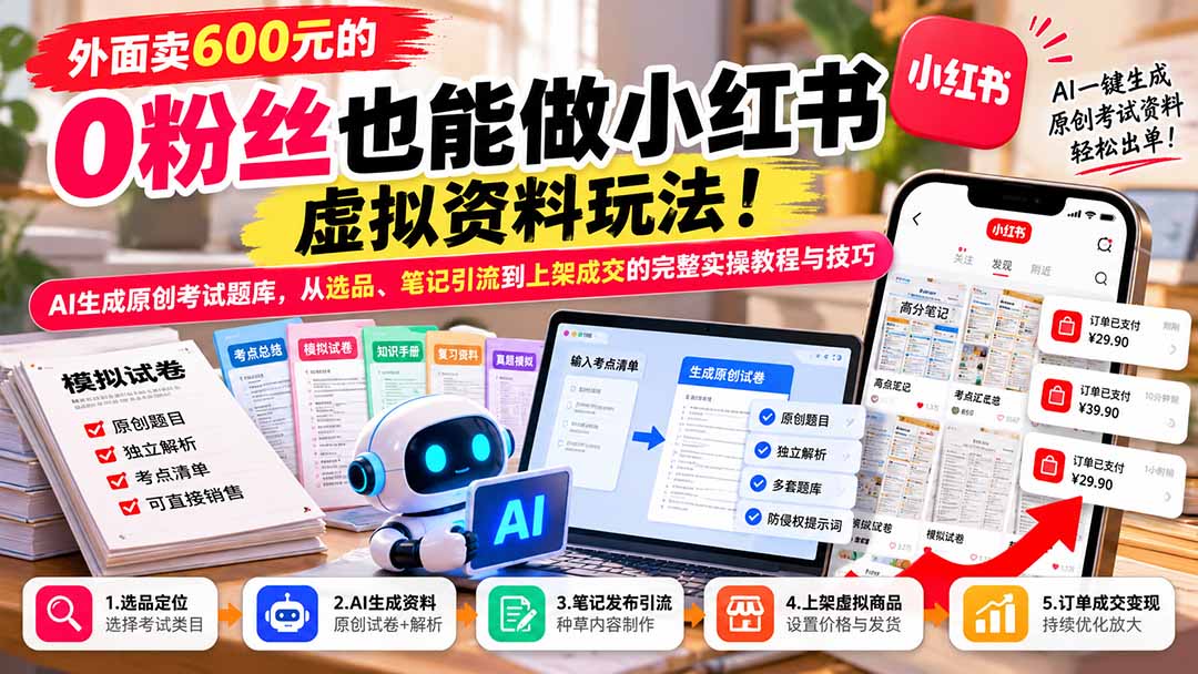 (21182期)外面卖600元的 零粉丝也能做小红书虚拟资料玩法!AI生成原创考试题库,从选品、笔记引流到上架成交的完整实操教程插图百创网-源码交易平台_网站源码_商城源码_小程序源码 (21182期)外面卖600元的 零粉丝也能做小红书虚拟资料玩法!AI生成原创考试题库,从选品、笔记引流到上架成交的完整实操教程