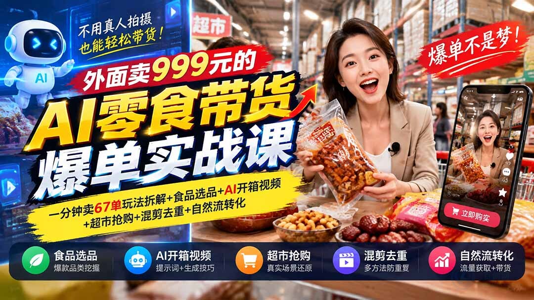 （20994期）外面卖999元的AI零食带货爆单实战课｜一分钟卖67单玩法拆解+食品选品+AI开箱视频+超市抢购+混剪去重+自然流转化缩略图百创网-源码交易平台_网站源码_商城源码_小程序源码