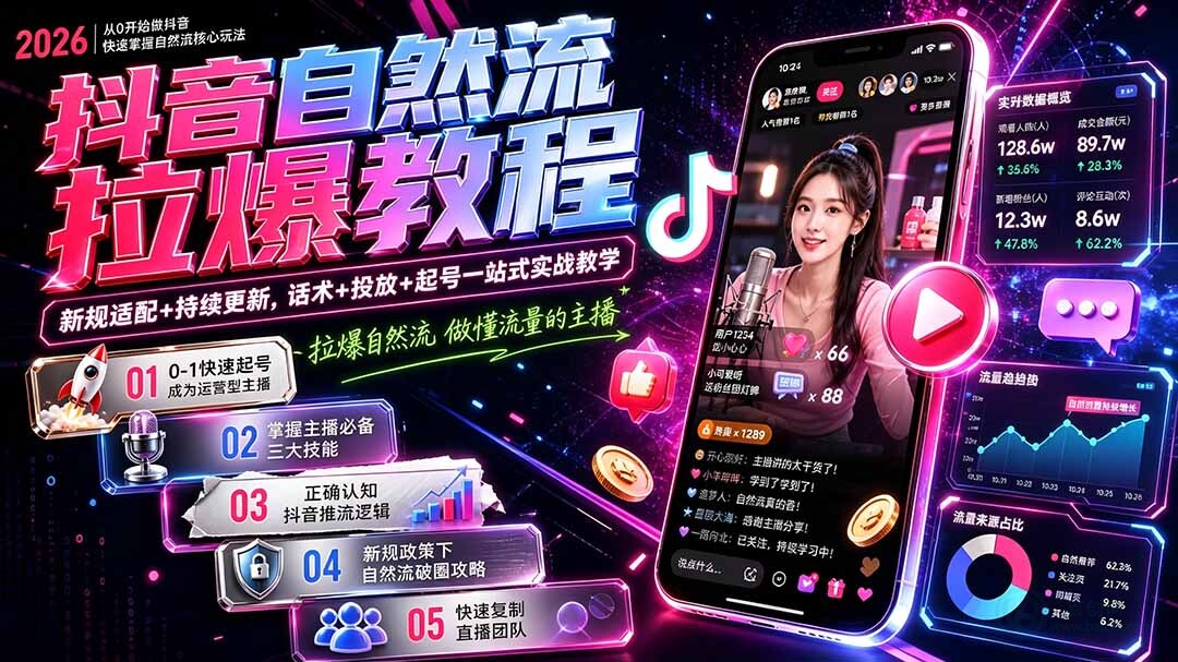 （21010期）抖音自然流拉爆教程-更新1017：做懂流量的主播，新规适配+持续更新，话术+投放+起号一站式实战教学缩略图百创网-源码交易平台_网站源码_商城源码_小程序源码