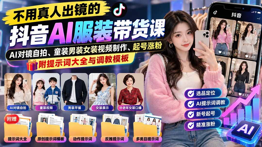 （20960期）不用真人出镜的抖音AI服装带货课：AI对镜自拍、童装男装女装视频制作、起号涨粉，附提示词大全与调教模板缩略图百创网-源码交易平台_网站源码_商城源码_小程序源码