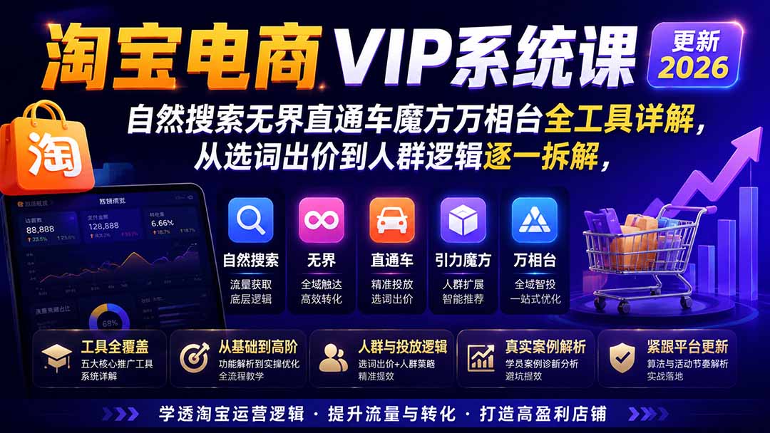 （21145期）2026淘宝电商终局之战VIP课-更新1029：自然搜索+直通车+无界+精准人群，系统掌握测款动销与全店推广布局方法缩略图百创网-源码交易平台_网站源码_商城源码_小程序源码