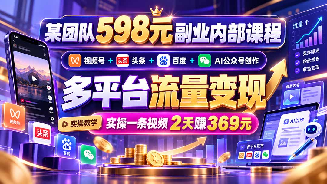 （21238期）某团队598元副业内部课程：视频号+头条+百度+AI公众号创作、多平台流量变现，实操一条视频2天赚369元缩略图百创网-源码交易平台_网站源码_商城源码_小程序源码