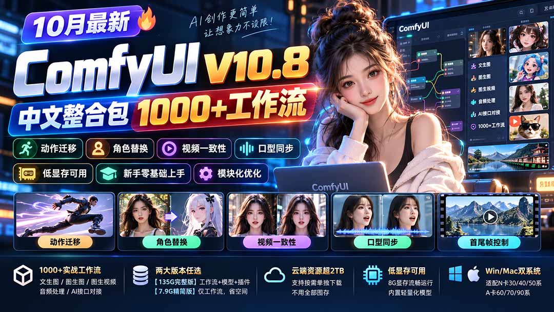（21240期）10月最新ComfyUI V10.8中文整合包 1000+工作流 动作迁移 角色替换 视频一致性 口型同步 低显存可用缩略图百创网-源码交易平台_网站源码_商城源码_小程序源码