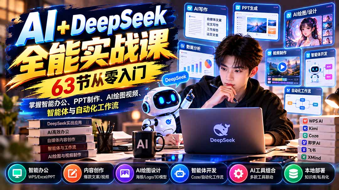 （21141期）AI+DeepSeek全能实战课：63节从零入门，掌握智能办公、PPT制作、AI绘图视频、智能体与自动化工作流缩略图百创网-源码交易平台_网站源码_商城源码_小程序源码